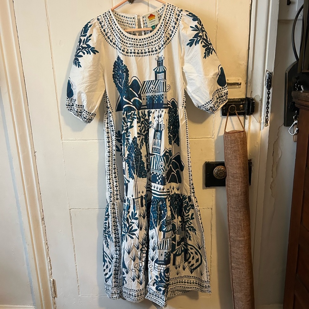 White Midi Dress with Teal Scenic Print from Farm Rio